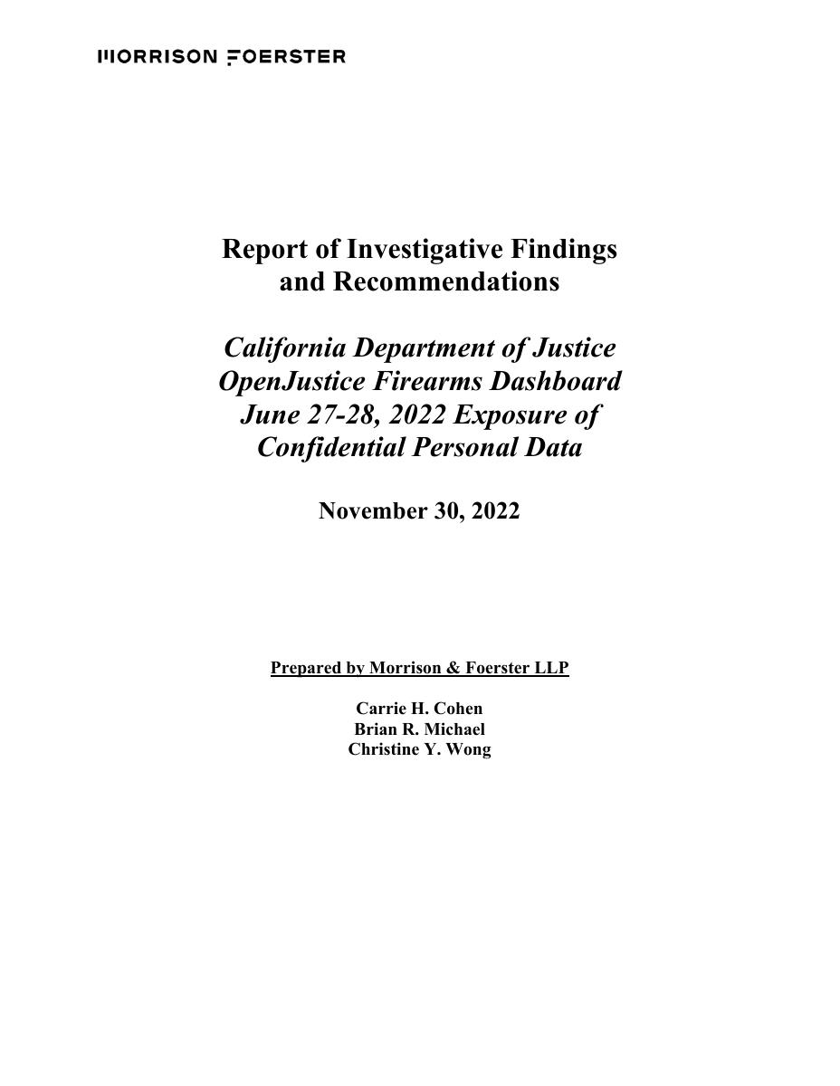 Cover of the November 2022 investigation report on the DOJ firearms dashboard data exposure